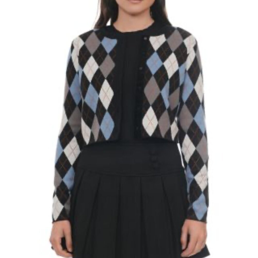 Point Classic Jacquard Cardigan Sweater Women's Size Large Dark Academia Argyle